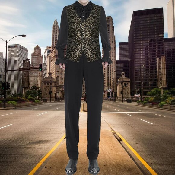 Men's Gothic Waistcoat Vest Gold Paisley Velvet Steampunk Regency Victorian Suit - Picture 4 of 5